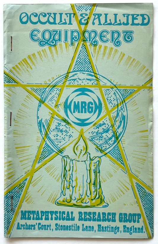 Occult & Allied Equipment by Metaphysical Research Group, undated. Turquoise illustrated front cover with blue and yellow occult typography, pentagram, radiating lines, MRG emblem and candle illustration.