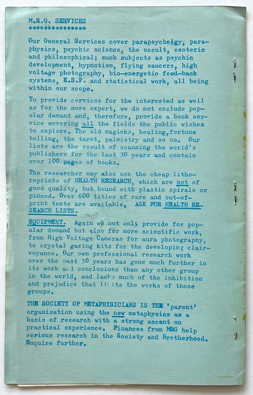 Occult & Allied Equipment by Metaphysical Research Group, undated. Turquoise rear cover with blue typewritten text describing parapsychology, psychic science, occult books and metaphysical research services.