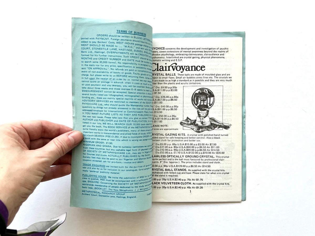 Occult & Allied Equipment by Metaphysical Research Group, undated. Inside front cover with terms of business and page 1 featuring crystal balls, crystal gazing kits and clairvoyance equipment.