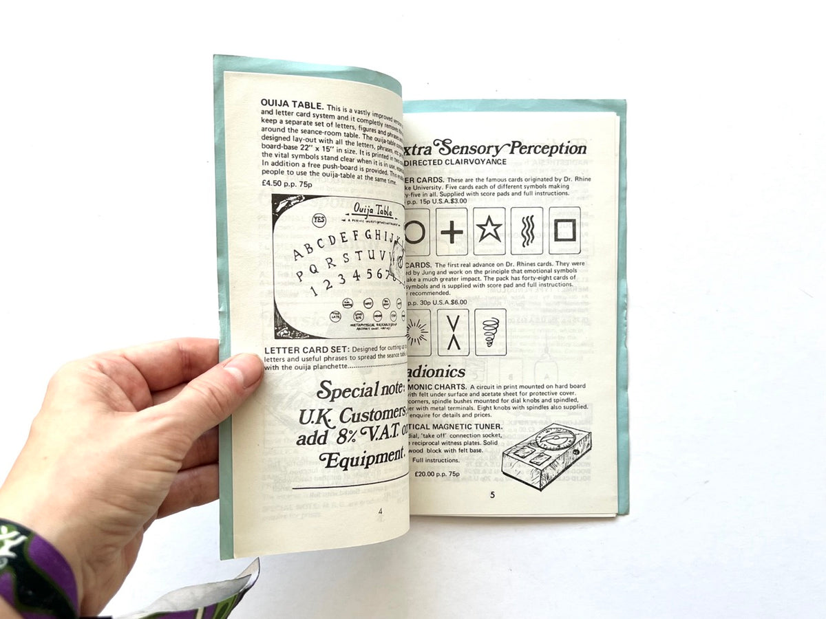 Occult & Allied Equipment by Metaphysical Research Group, undated. Interior pages 4–5 showing Ouija board equipment, ESP testing cards, radionics charts and a magnetic tuner illustration.