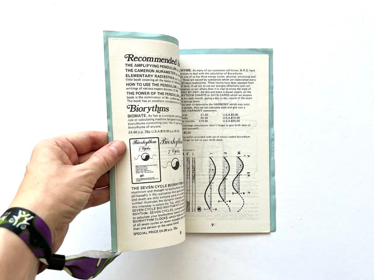 Occult & Allied Equipment by Metaphysical Research Group, undated. Interior pages 8–9 featuring biorhythm books, seven-cycle biorhythm charts and diagrams of physical, emotional and intellectual cycles.