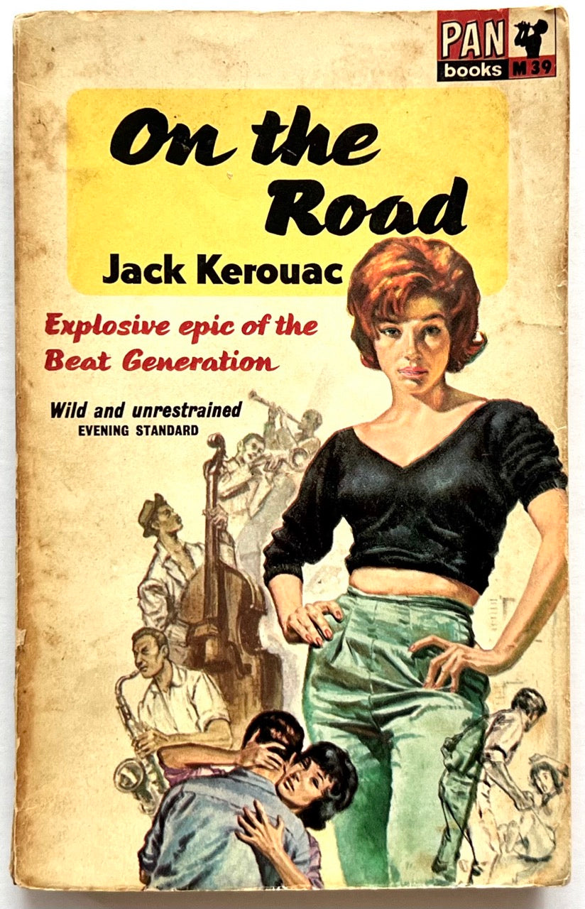 Vintage paperback book cover of 'On the Road' by Jack Kerouac, published by Pan Books. The cover features a warm beige background with a large yellow title block, black and red typography, and an illustration of a woman in a black top and green pants with sketch figures in the background.