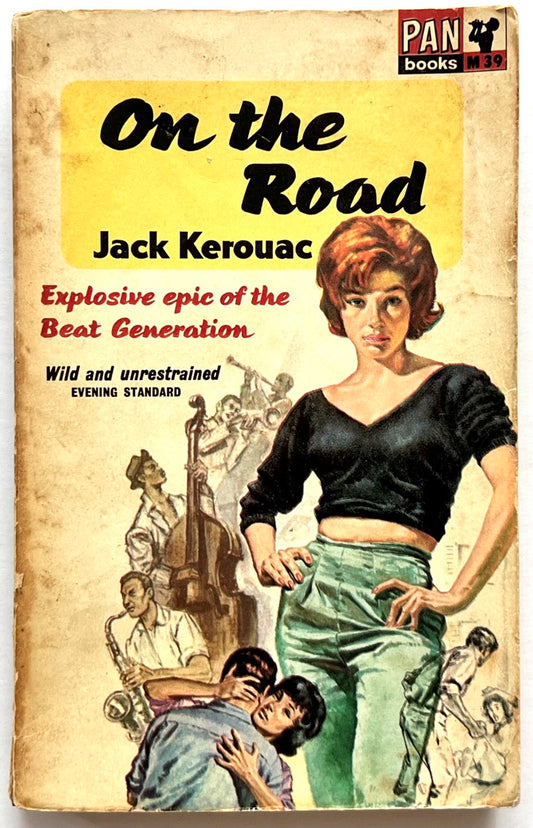 Vintage paperback book cover of 'On the Road' by Jack Kerouac, published by Pan Books. The cover features a warm beige background with a large yellow title block, black and red typography, and an illustration of a woman in a black top and green pants with sketch figures in the background.