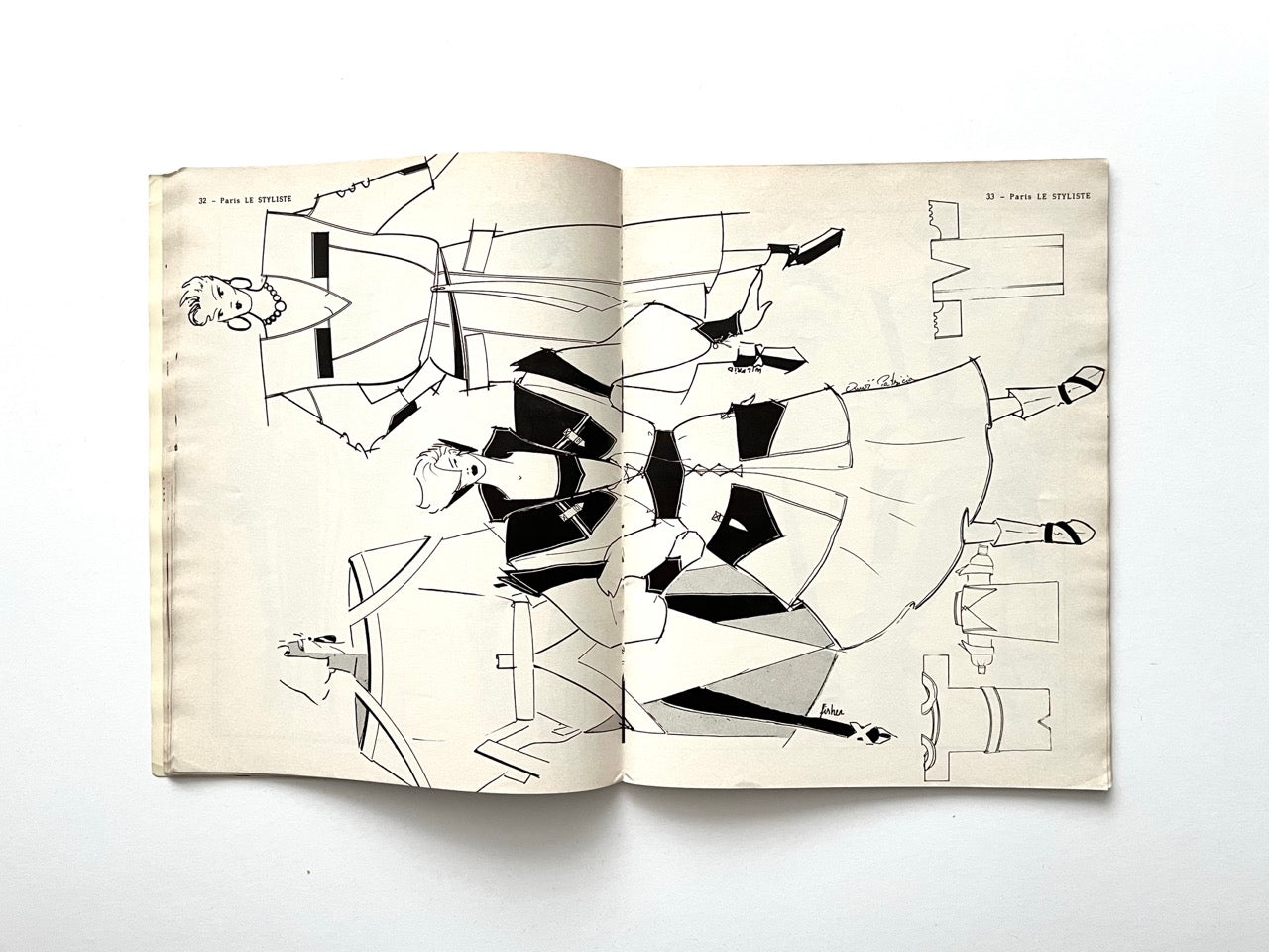 Illustrated spread showing angular 1980s jackets with wide shoulders and graphic paneling paired with full flared skirts; smaller technical garment drawings run along the edges