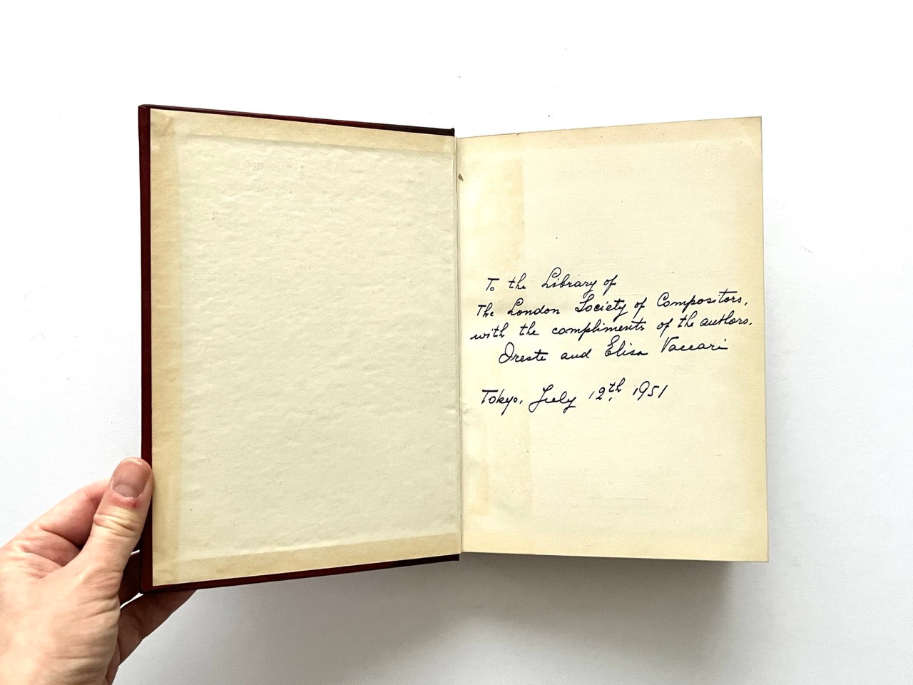 Handwritten inscription in Pictorial Chinese-Japanese Characters signed by Oreste and Enko Elisa Vaccari and dated Tokyo 1951