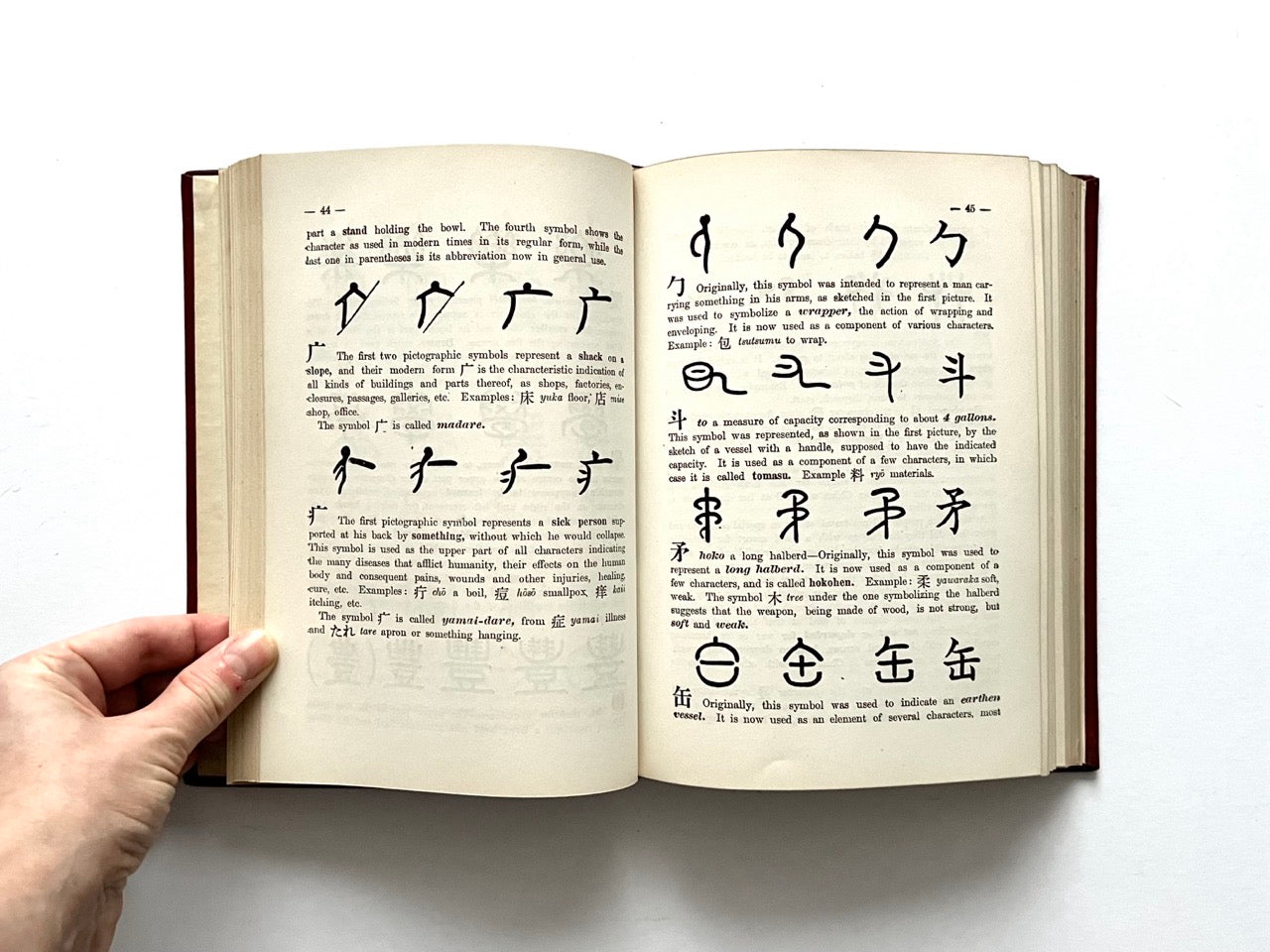 Interior pages of Pictorial Chinese-Japanese Characters (1950) showing ideograph learning method with text and symbols