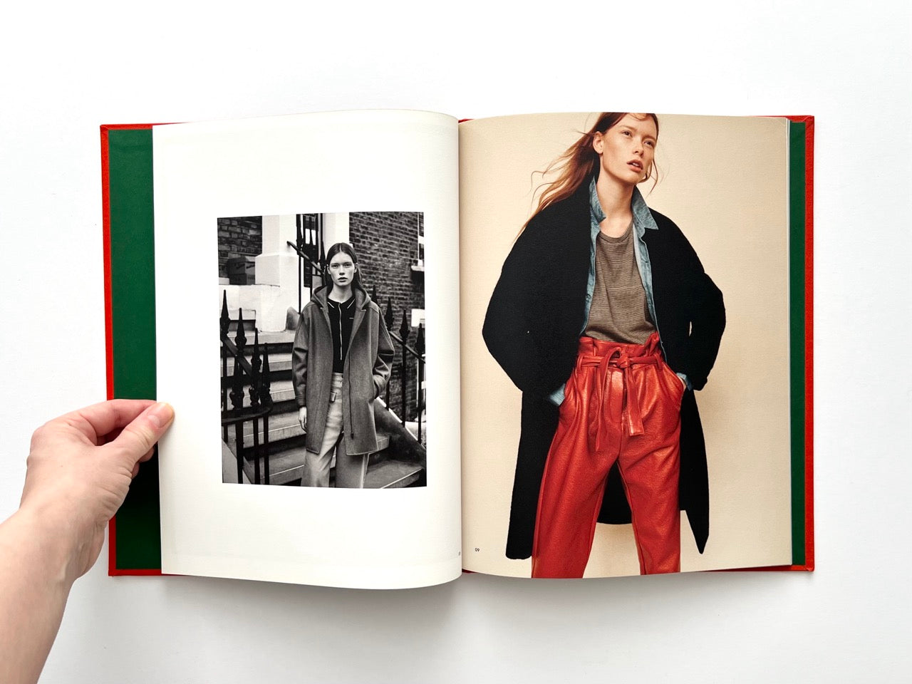 Interior spread from Sessùn Automne-Hiver 16/17 catalogue with black-and-white street portrait and colour fashion photograph with red trousers