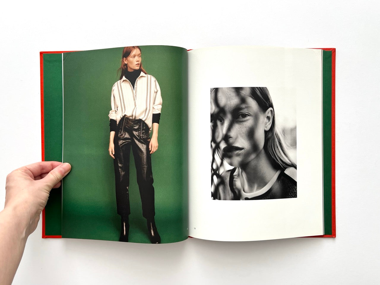 Interior spread from Sessùn Automne-Hiver 16/17 catalogue showing studio fashion portrait on green background and black-and-white close-up photograph