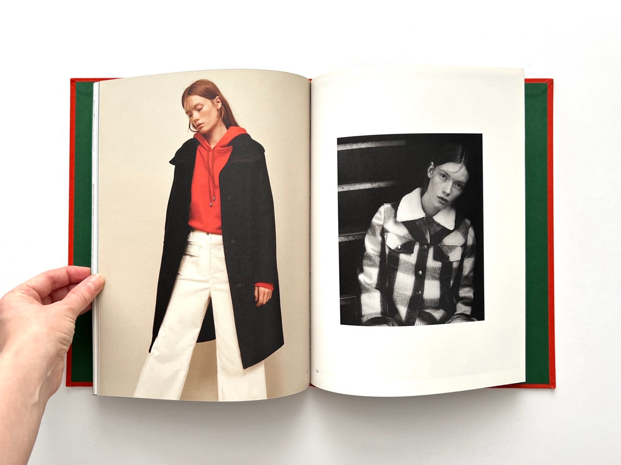 Interior spread from Sessùn Automne-Hiver 16/17 catalogue with colour fashion photograph and black-and-white portrait in check coat
