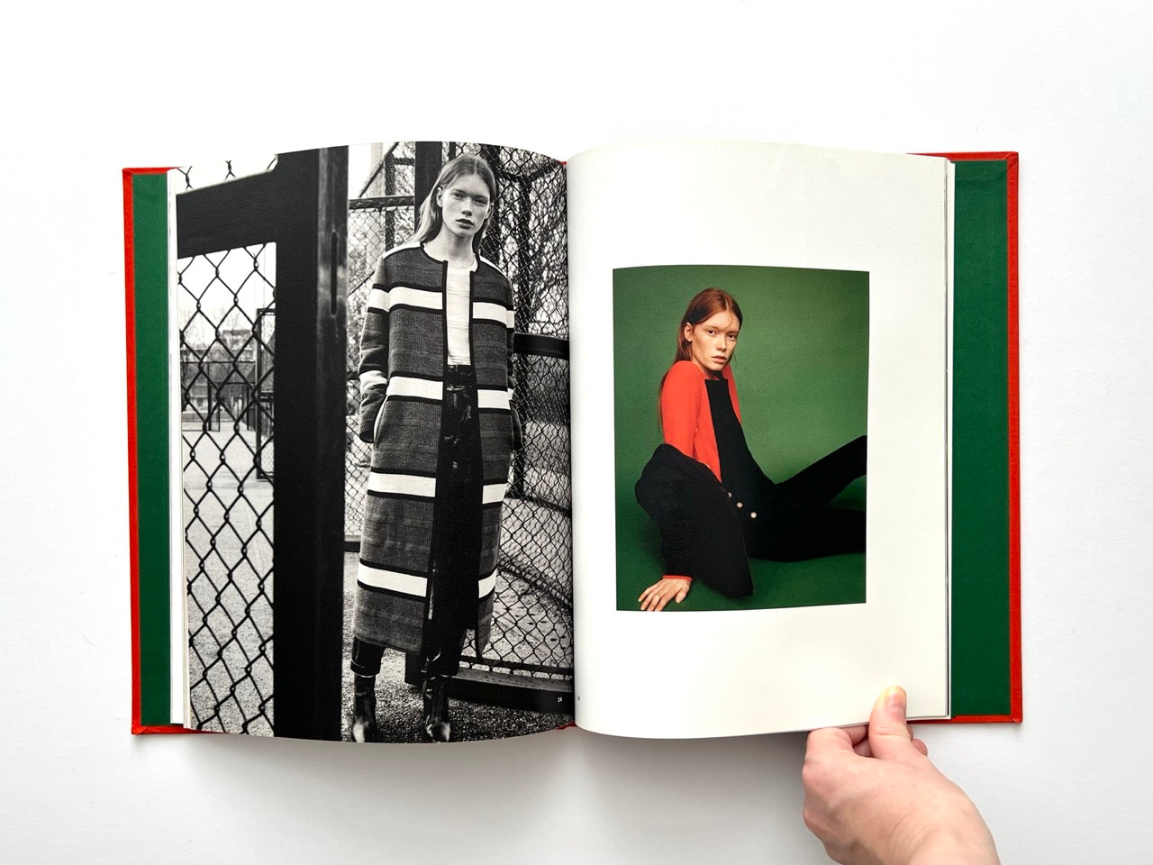 Interior spread from Sessùn Automne-Hiver 16/17 catalogue showing black-and-white street photograph and colour studio portrait on green background