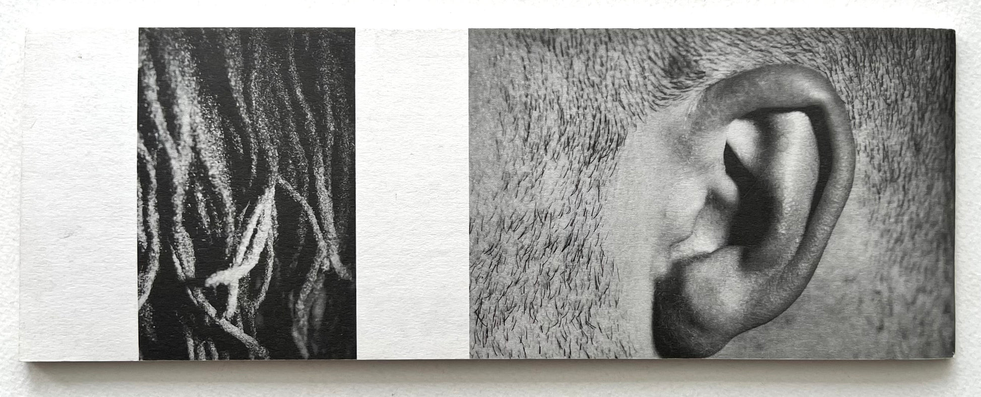 Book cover of 'peep' by Sonia Boyce with a close-up of an ear and hair in black and white.