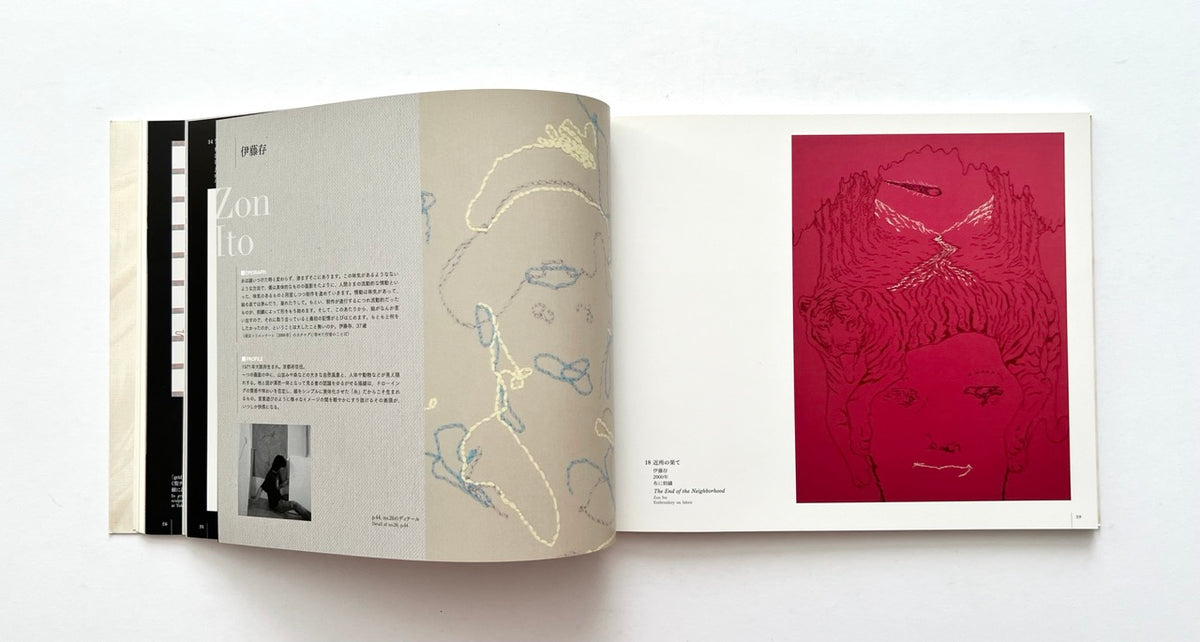 Stitch by Stitch: Traces I Made with Needle and Thread by Tokyo Metropolitan Teien Art Museum (2009). Open spread featuring Izon Ito’s embroidered textile works, including a red monochrome composition.