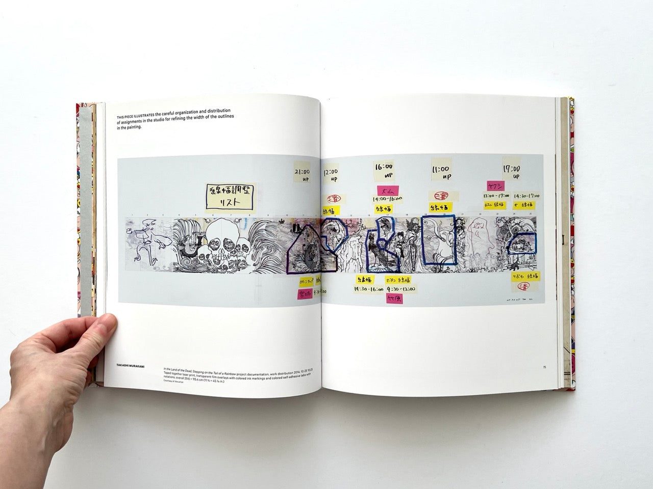 Takashi Murakami Lineage of Eccentrics interior spread showing a long studio planning composition with sketches notes and annotated drawings