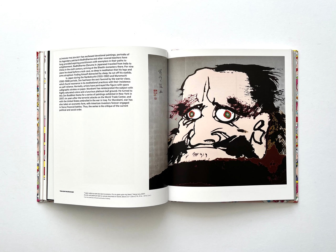 Takashi Murakami Lineage of Eccentrics interior spread showing text on the left and a large expressive portrait painting on the right