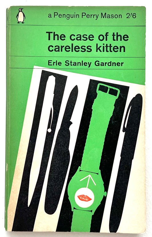 Book cover of 'The Case of the Careless Kitten' by Erle Stanley Gardner with green and black design by ROMEK MARBER.