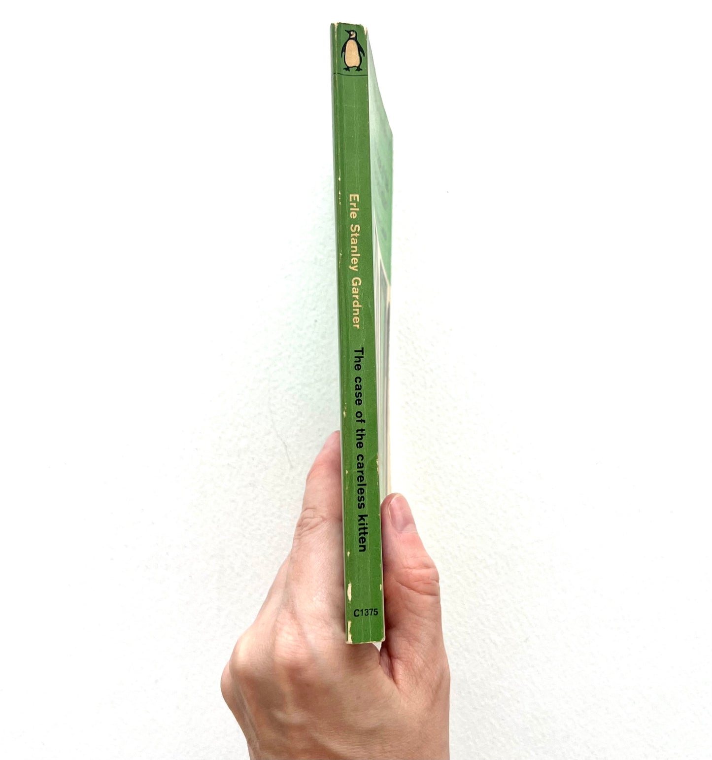 Hand holding a book titled 'The Case of the Continuous Killer' by E.R. Stanley Gardner on a white background