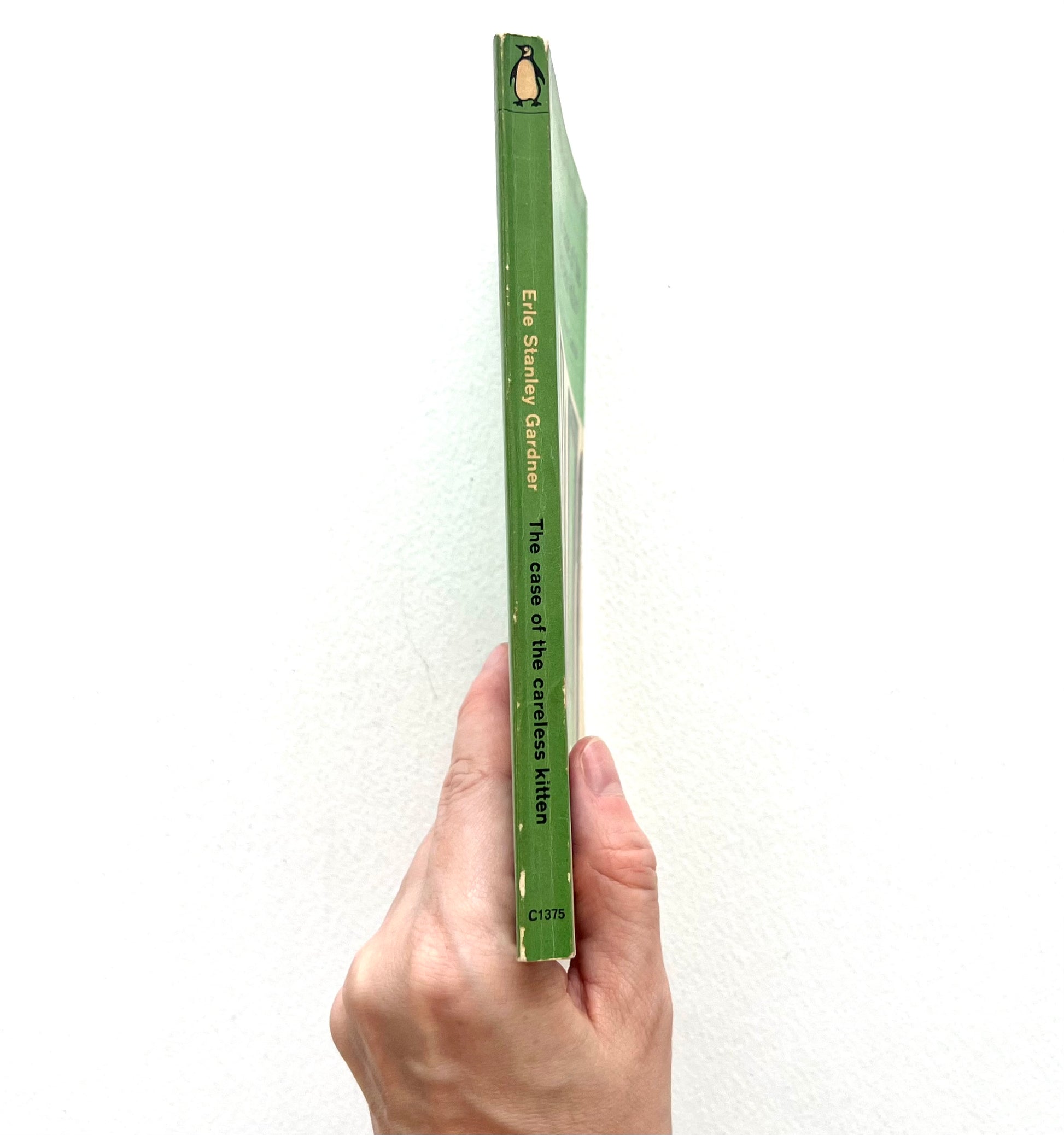Hand holding a book titled 'The Case of the Continuous Killer' by E.R. Stanley Gardner on a white background