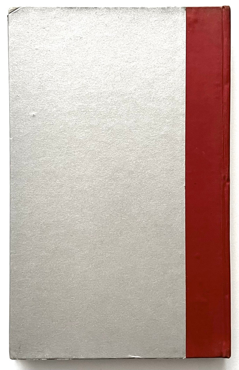 Rear cover of a silver-bound book with a red spine on a white background