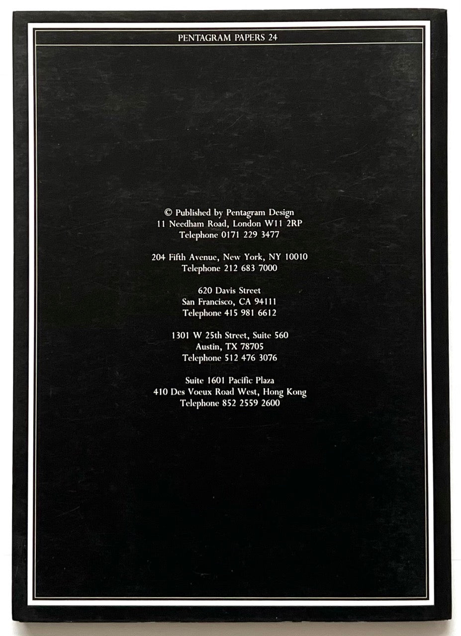 Back cover of Pentagram Papers 24, showing centered white publisher and address text on a black background with a thin white border.