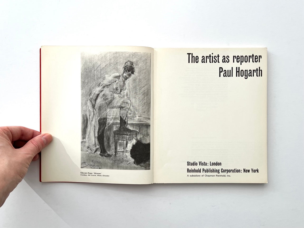 Interior title page of The Artist as Reporter by Paul Hogarth, Studio Vista London / Reinhold Publishing, with reproduction of drawing on facing page.