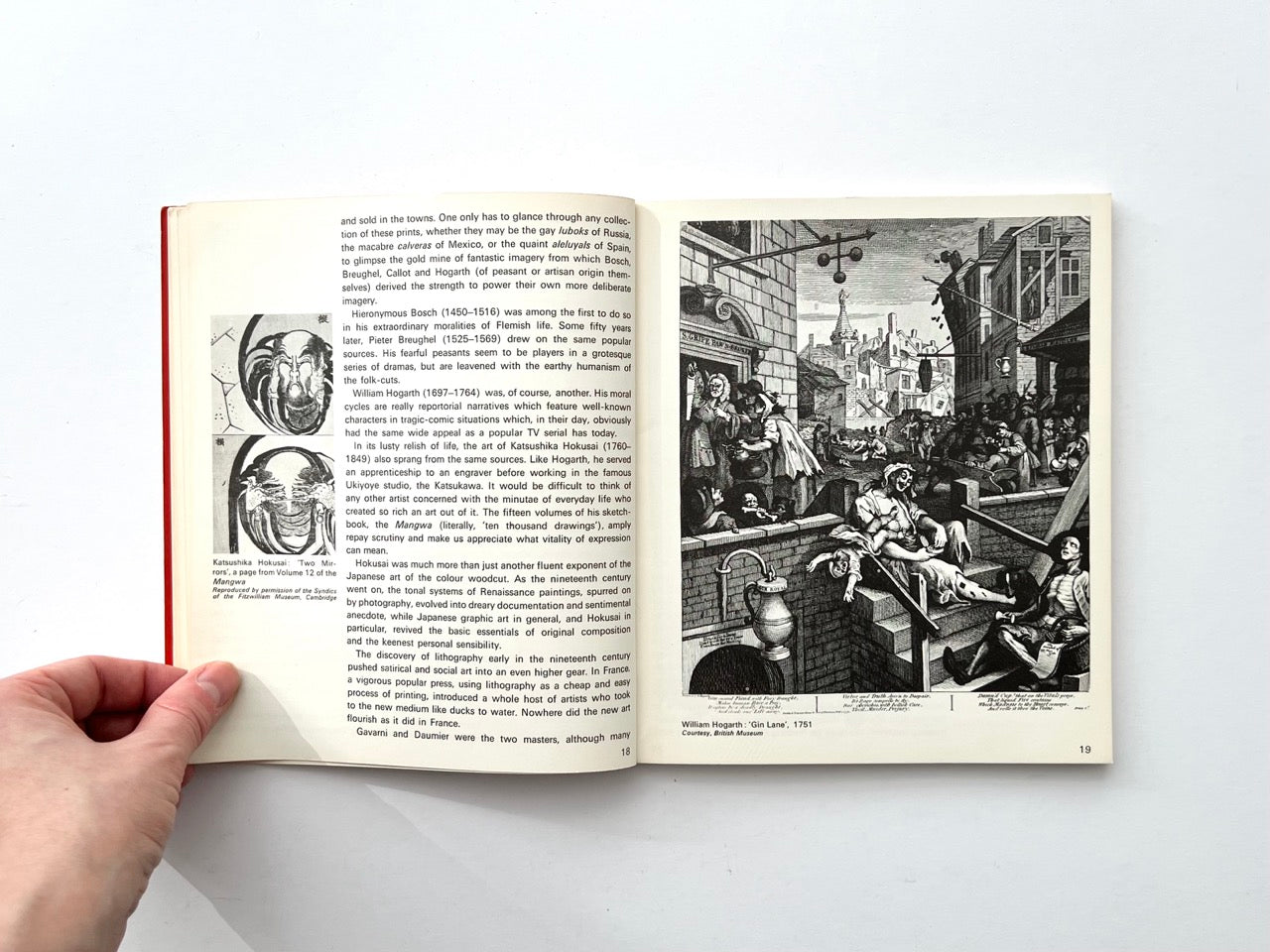 Interior spread with text on graphic illustration and reproductions of Katsushika Hokusai drawings and William Hogarth engraving Gin Lane, 1751