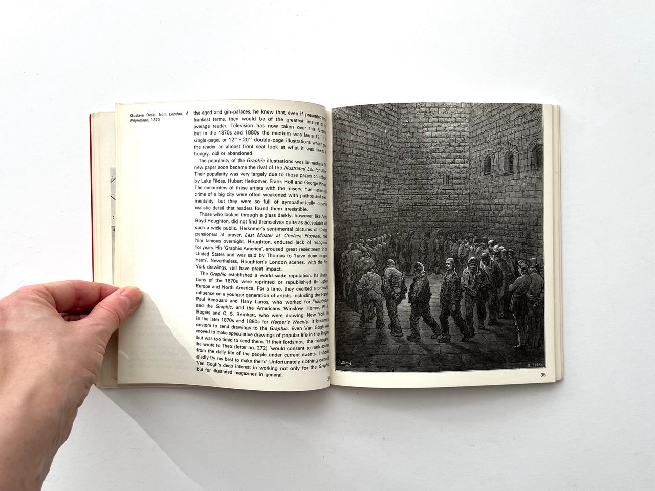 Interior spread showing text on graphic illustration and a reproduction of Gustave Doré engraving depicting prisoners walking in a stone courtyard