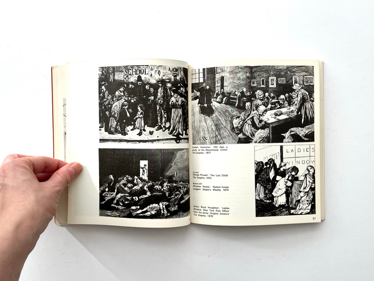Interior spread with reproductions of 19th-century newspaper and magazine illustrations, including works by Hubert Herkomer, George Pinwell and Winslow Homer