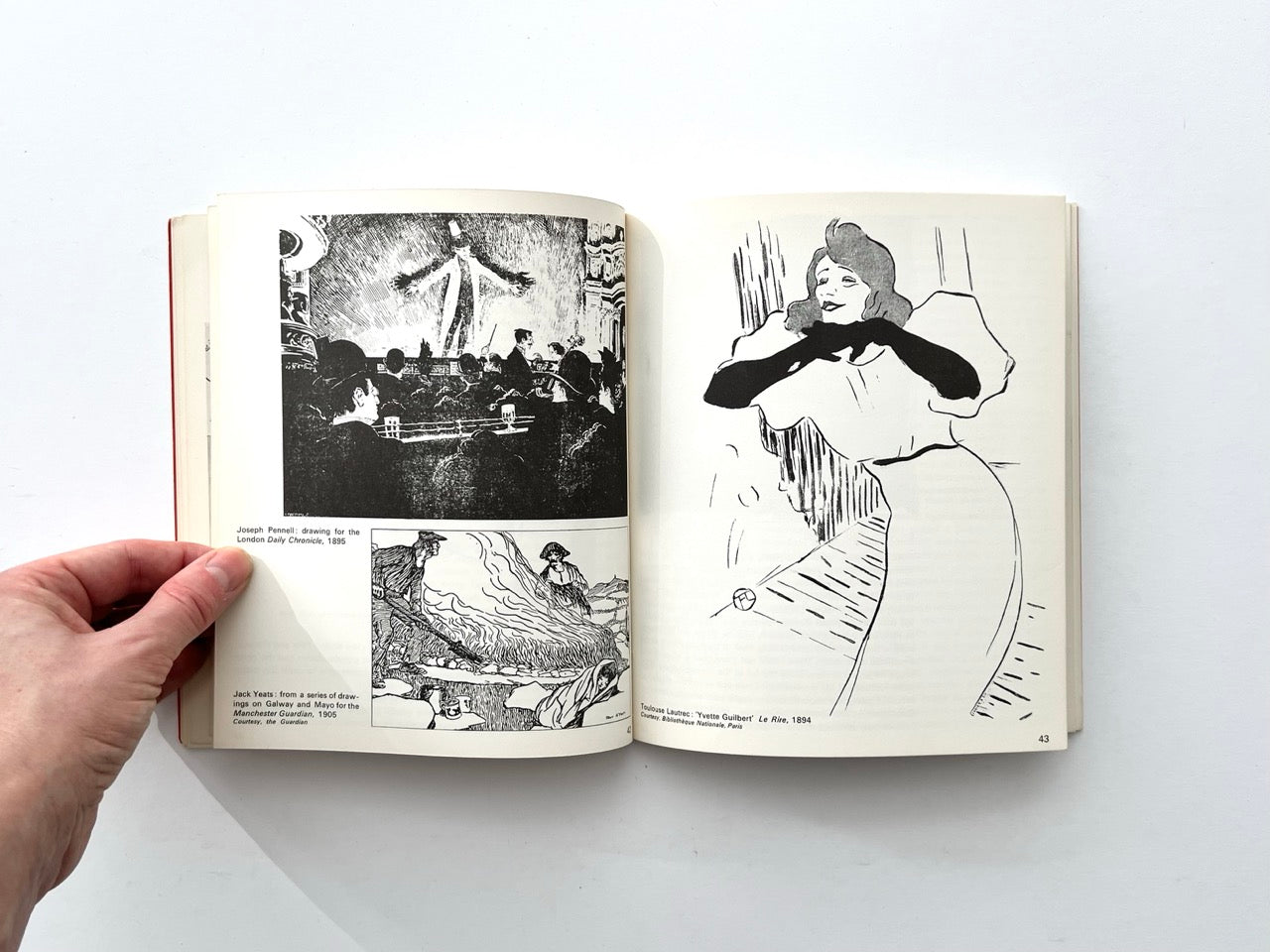 Interior spread with reproductions of drawings by Joseph Pennell, Jack Yeats and Toulouse-Lautrec, including portrait of Yvette Guilbert