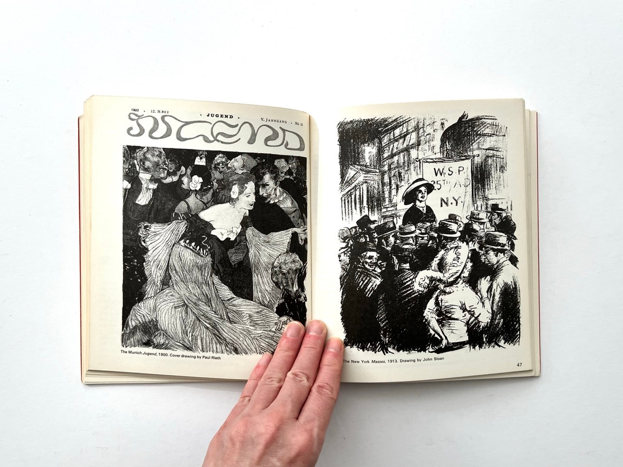 Interior spread with reproduction of Jugend magazine cover by Paul Rieth and drawing of New York street scene by John Sloan
