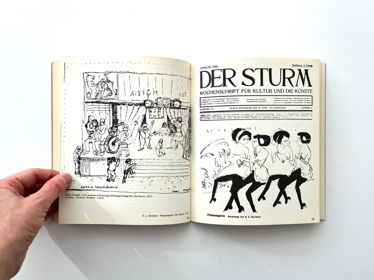 Interior spread with reproductions of Marc Chagall drawing from Der Sturm and Ernst Ludwig Kirchner illustration for the journal Der Sturm, 1911