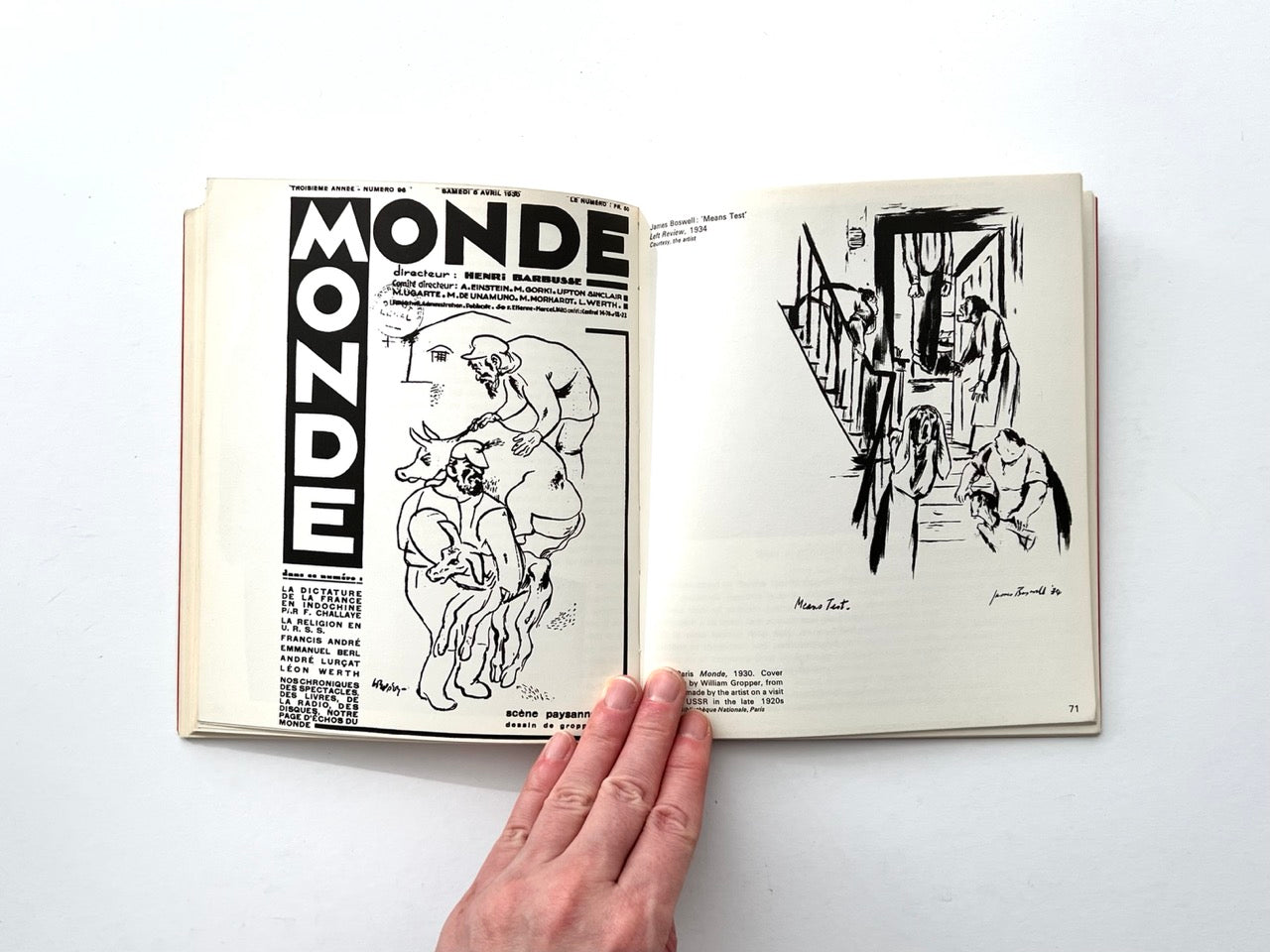 Interior spread with cover of the magazine Monde and drawing by George Grosz titled Means Test, 1930s