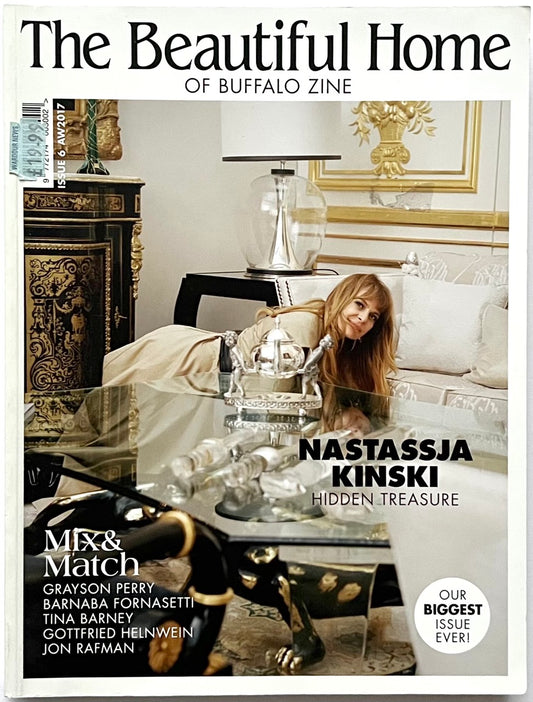 Magazine cover of THE BEAUTIFUL HOME OF BUFFALO ZINE – ISSUE 6 (AW2017), featuring Nastassja Kinski in an elegant interior setting with text about the magazine and contributors.