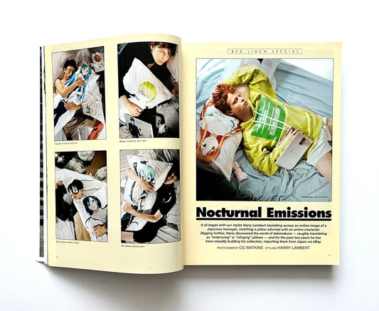 Open magazine: THE BEAUTIFUL HOME OF BUFFALO ZINE – ISSUE 6 (AW2017) with images of people lying down and a title 'Nocturnal Emissions'.