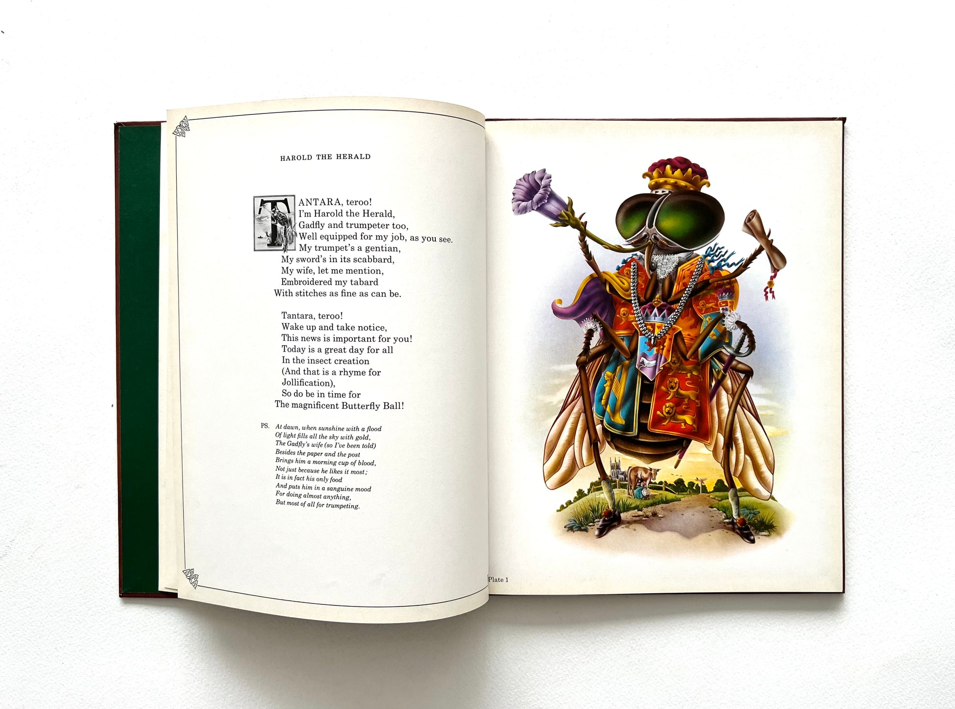 Open book with a detailed illustration of a beetle-like creature on a white background