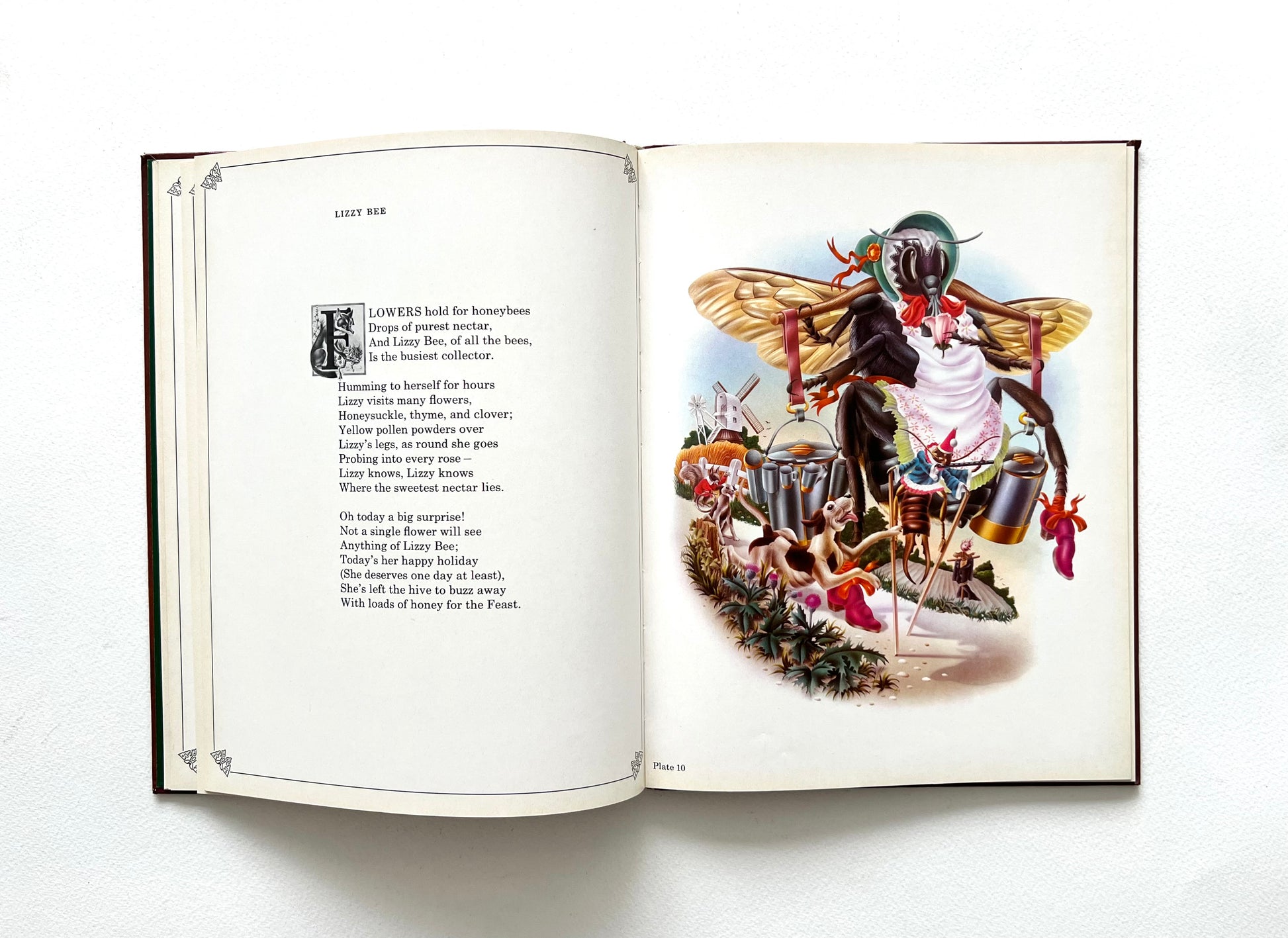 Open book with a colorful illustration by Alan Aldridge of a bee wearing a bonnet and an apron on a white background