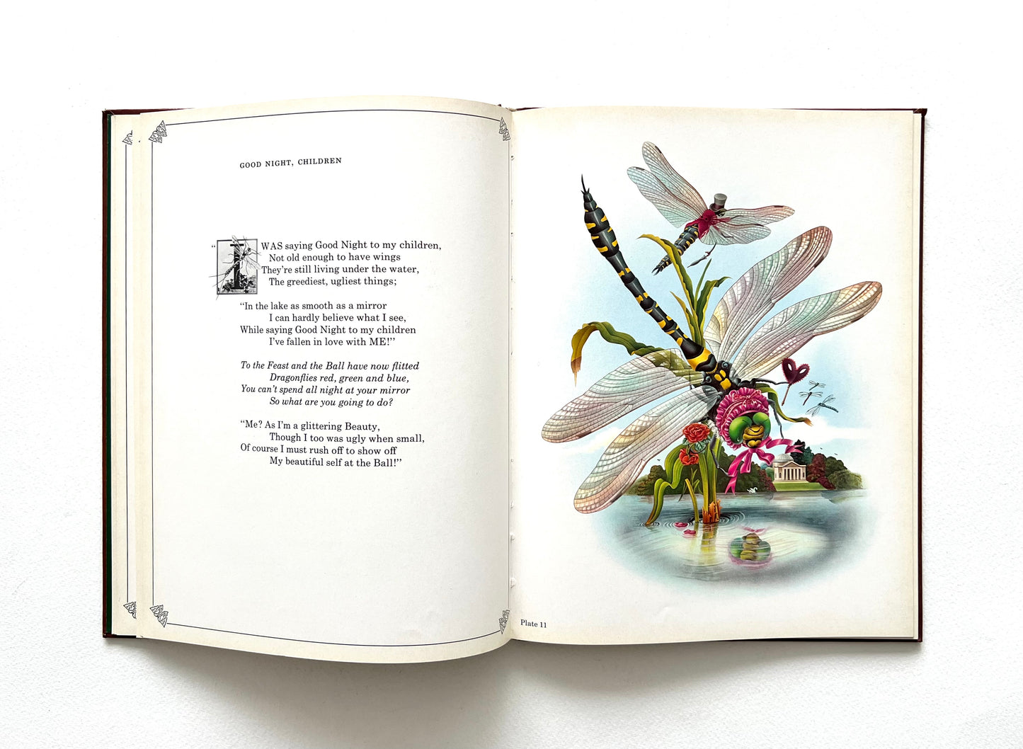 Open book with whimsical illustrations of insects by Alan Aldridge on a white background