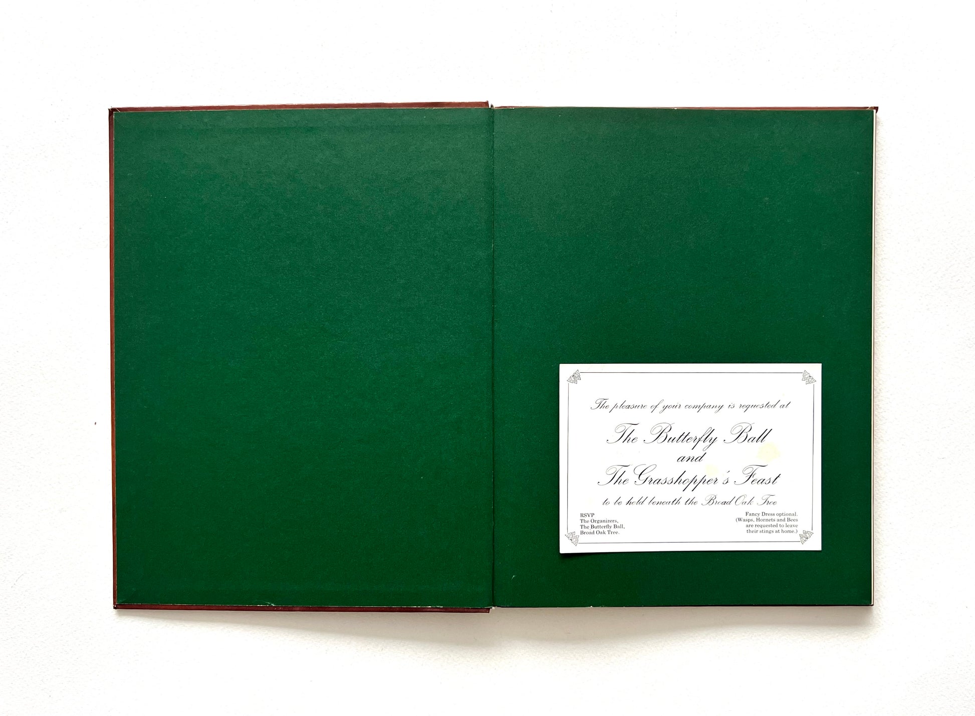 Open book with a white card inside on a white background
