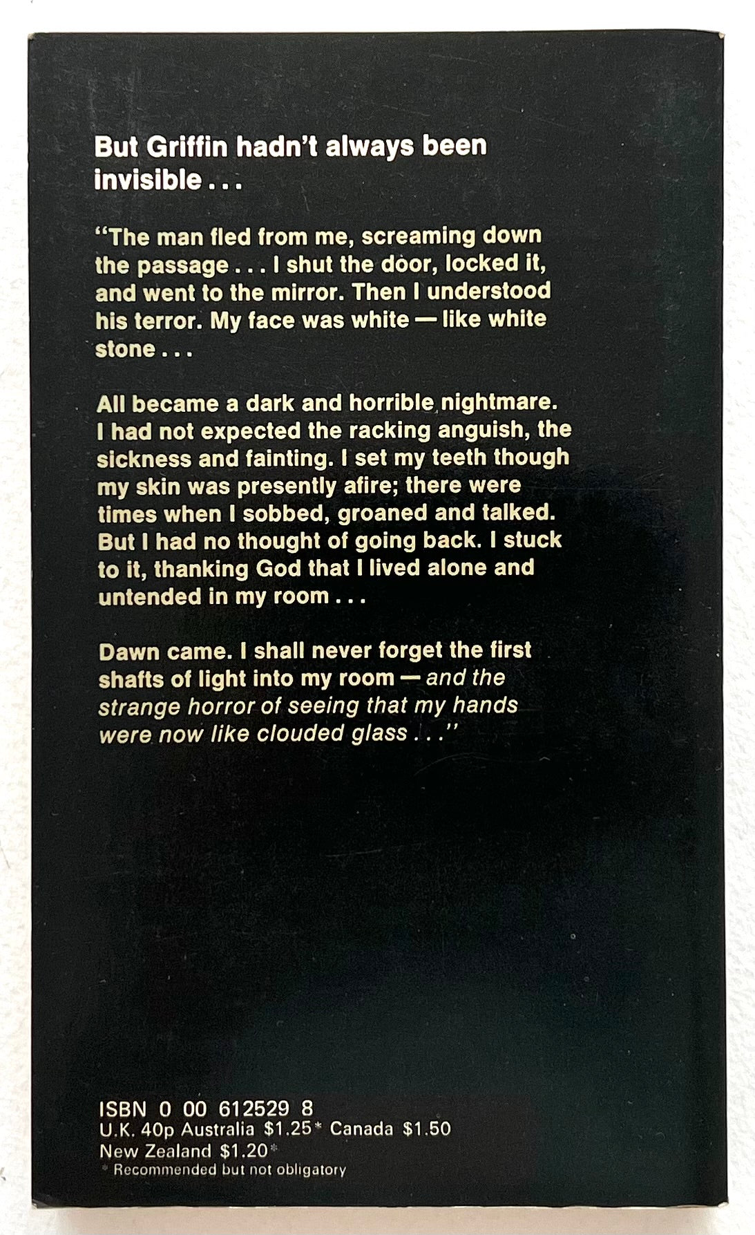 Rear book cover showing white text on a black background