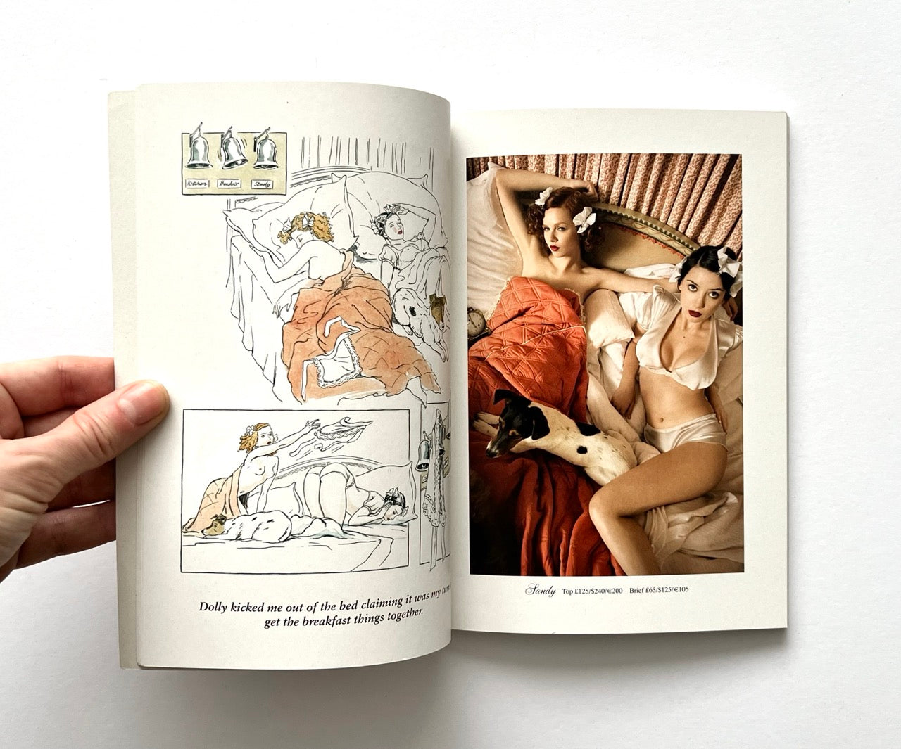 Open book - 'The Lady of the Manor' by Agent Provocateur - showing erotic illustrations and a photograph of women in vintage lingerie.