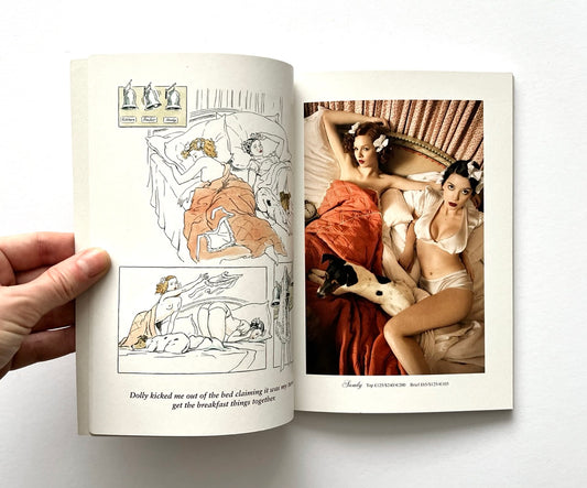 Open book - 'The Lady of the Manor' by Agent Provocateur - showing erotic illustrations and a photograph of women in vintage lingerie.