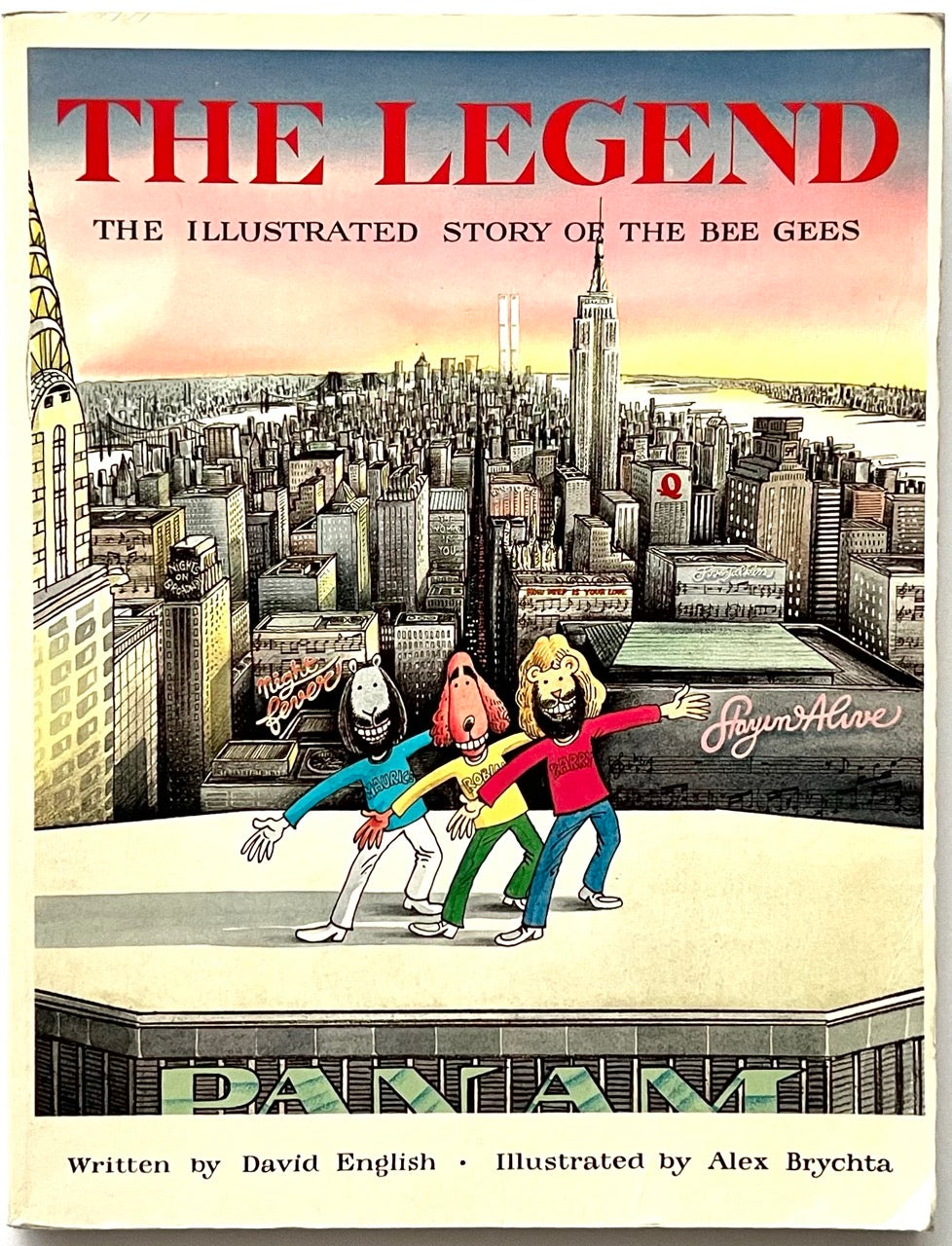 Book cover of 'The Legend: The Illustrated Story of the Bee Gees' with a cityscape illustration and cartoon characters.