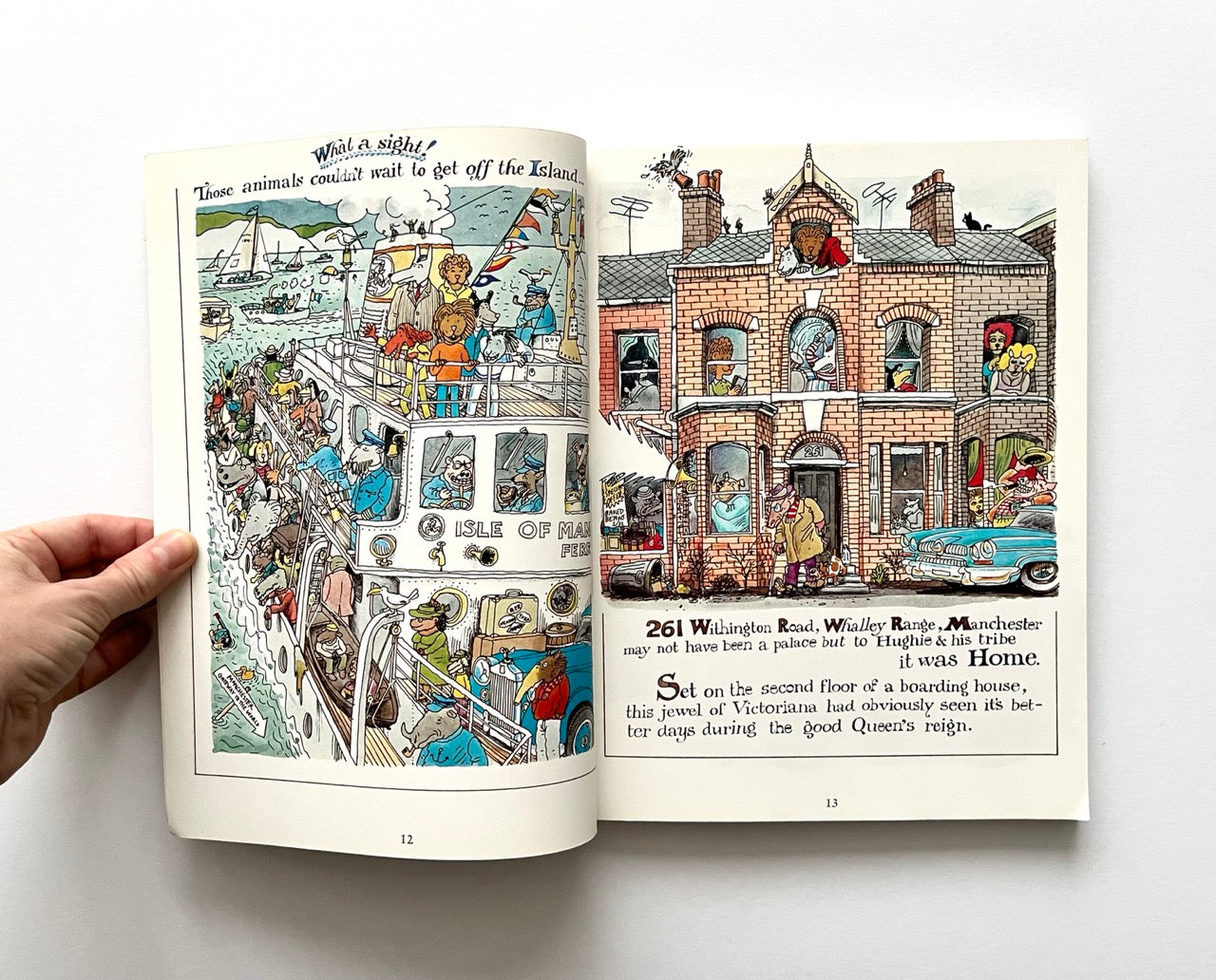 Illustrated book - 'The Legend: The Illustrated Story of the Bee Gees' - open to two pages with detailed artwork of a city scene and people.