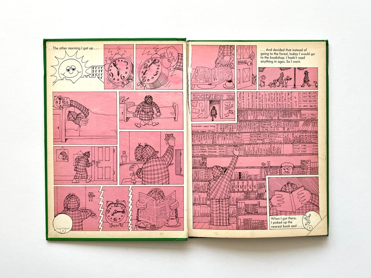 The Ludwig Annual 1979 by Peter Lang, published 1978. Double-page spread of pink comic-strip illustrations showing a character waking up and visiting a bookshop filled with illustrated bookshelves.