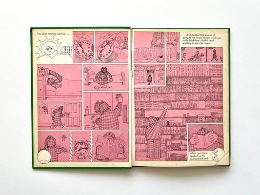 The Ludwig Annual 1979 by Peter Lang, published 1978. Double-page spread of pink comic-strip illustrations showing a character waking up and visiting a bookshop filled with illustrated bookshelves.