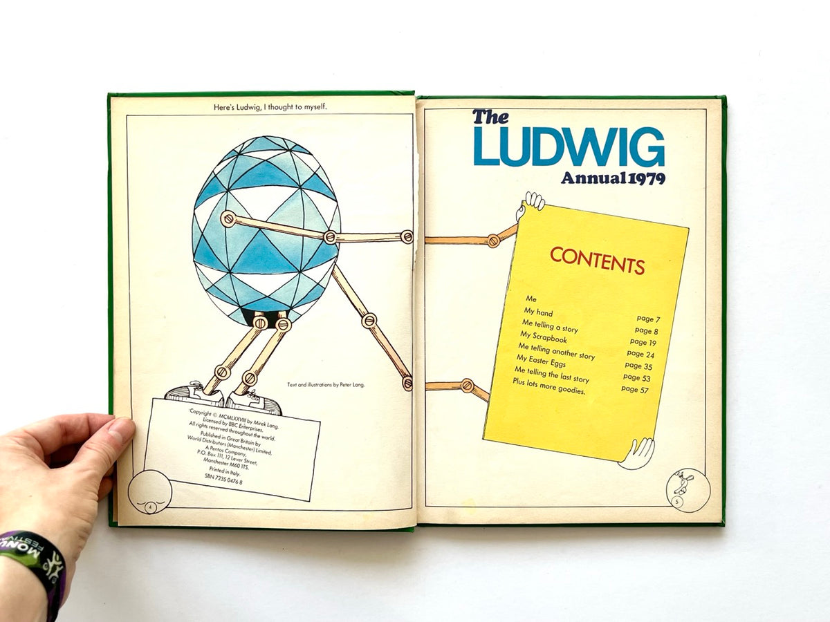 The Ludwig Annual 1979 by Peter Lang, published 1978. Illustrated title and contents spread featuring the geometric blue Ludwig character, mechanical arms and a bright yellow contents panel.