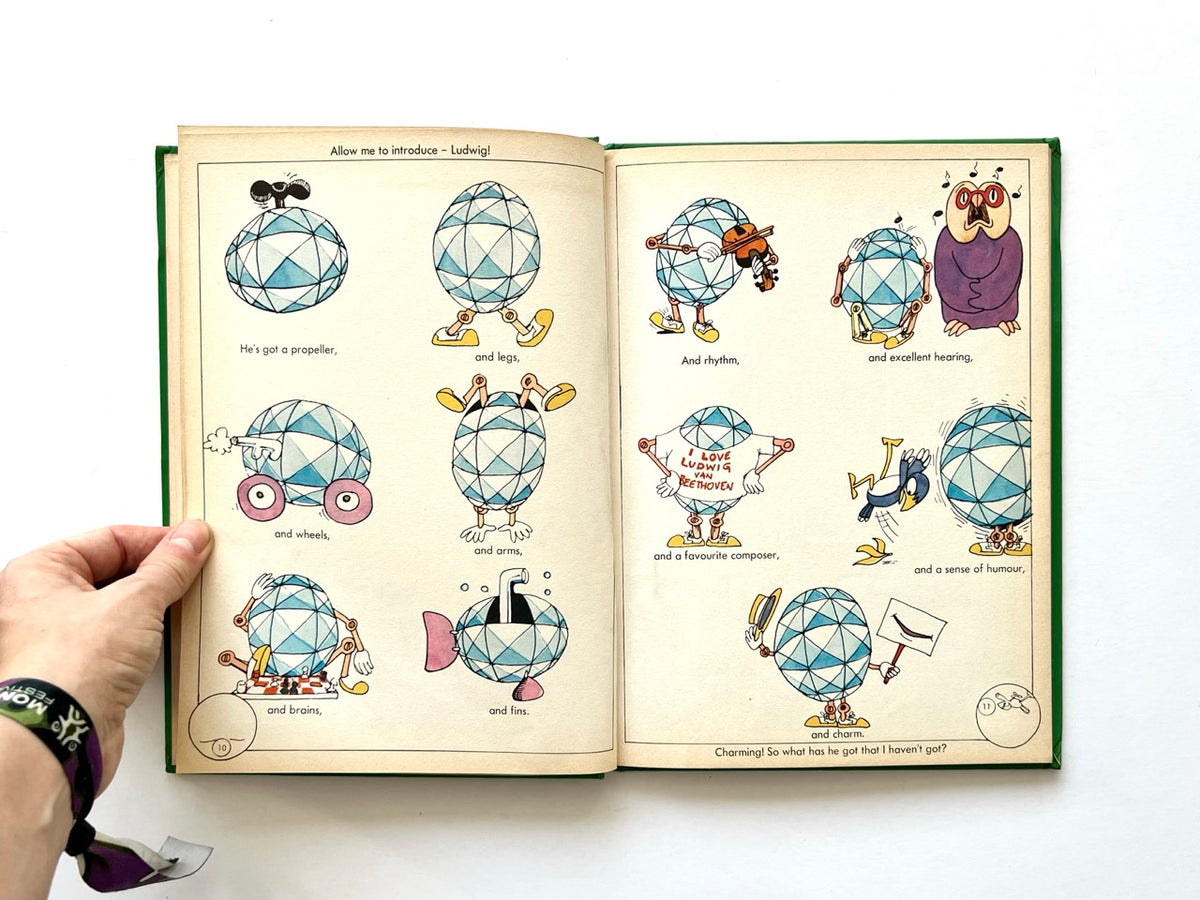 The Ludwig Annual 1979 by Peter Lang, published 1978. Colourful illustrations introducing Ludwig, a geometric blue egg-shaped character with mechanical limbs, playing violin and displaying his many abilities.