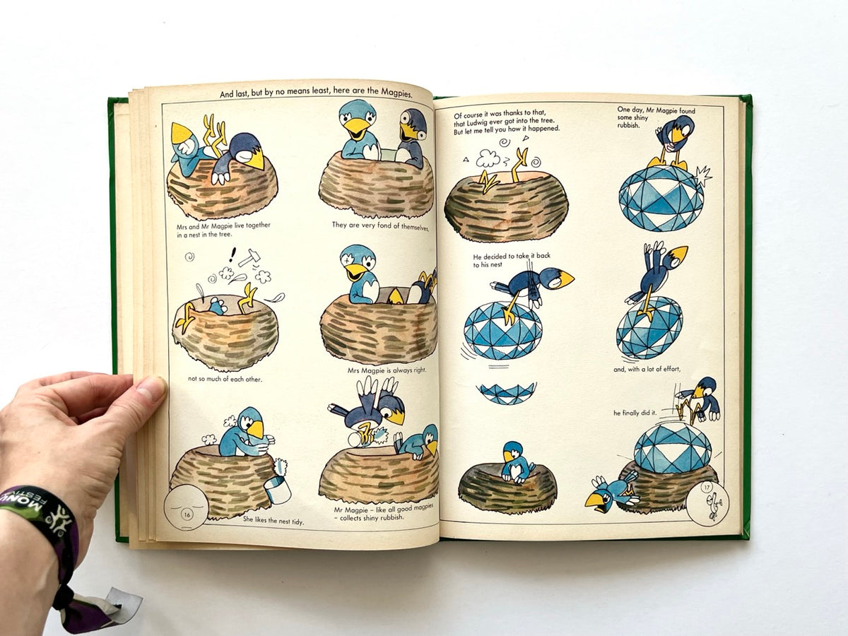 The Ludwig Annual 1979 by Peter Lang, published 1978. Whimsical illustrations of two blue magpies in their nest and a comic-strip sequence showing one magpie discovering Ludwig's geometric blue egg.