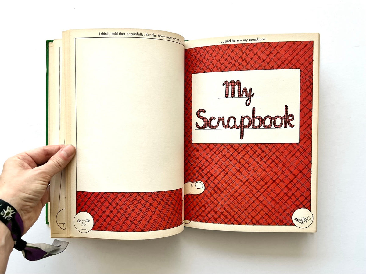 The Ludwig Annual 1979 by Peter Lang, published 1978. Double-page spread introducing the scrapbook section, featuring bold red tartan graphics, a blank cream page and hand-lettered My Scrapbook title.