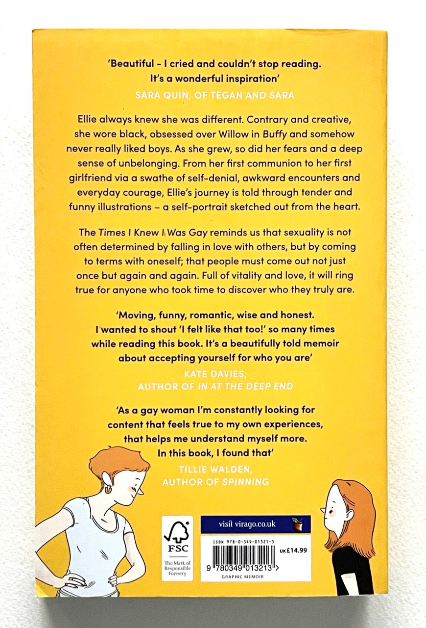 Book back cover (“The Times I Knew I Was Gay”) with text and a minimalistic illustration of two people on a yellow background