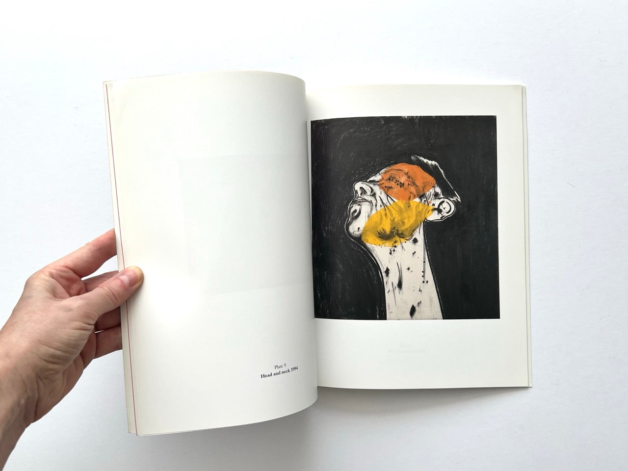 Tony Bevan Recent Paintings (1996)  – interior spread showing Head and Neck 1994 portrait with orange and yellow overlay